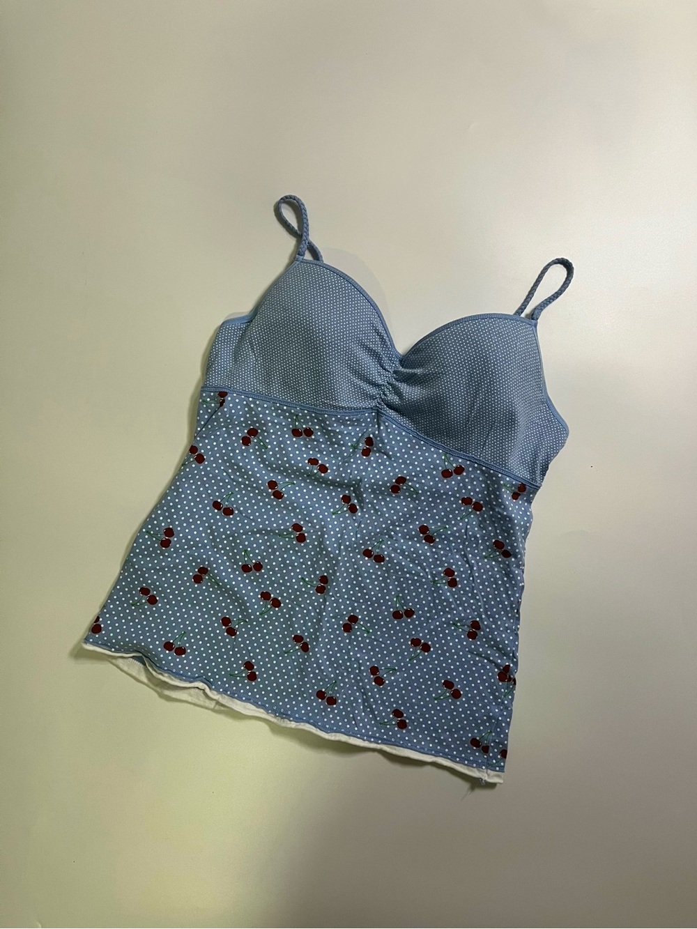 y2k cherry and polka dot blue cami top